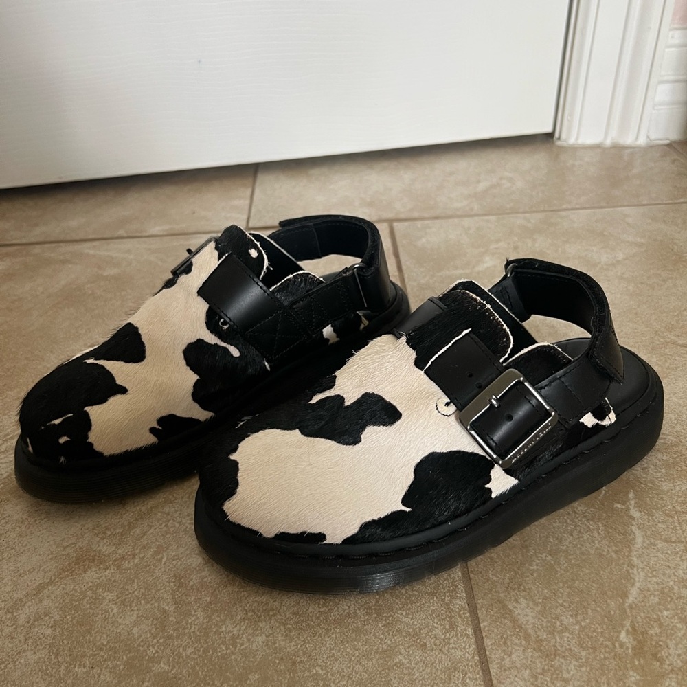 Dr. Martens Black and White Cow Print Mules